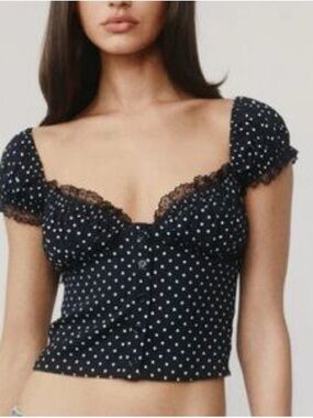 With Jean - Polka Dot Lace-Trim Crop Top - Black (Size S)
